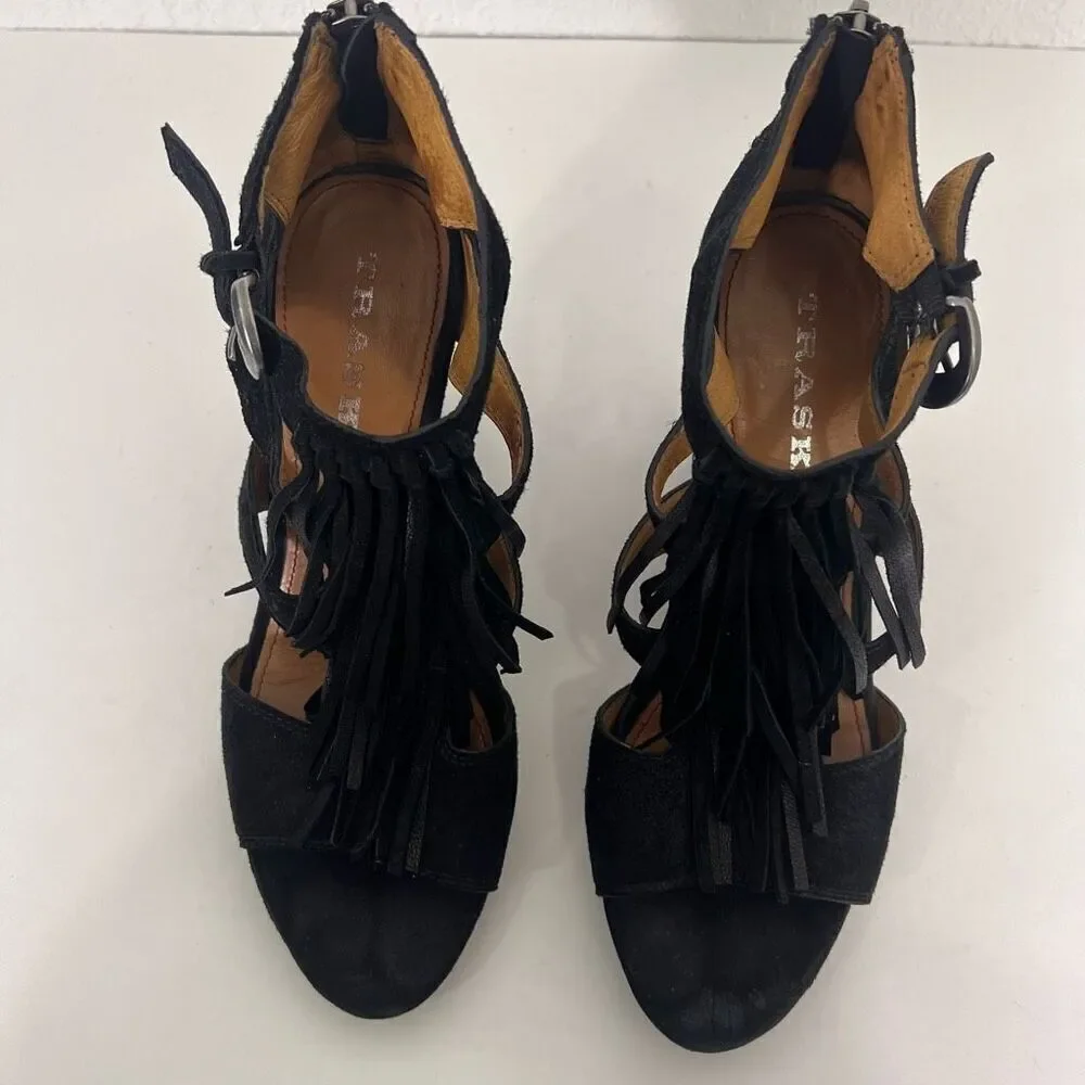 Trask‎ Black Leather Suede Fringe High Heel Wedges